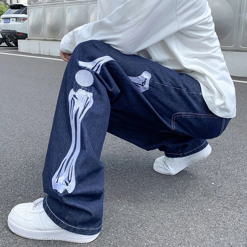 Embroidery Straight Jean Pants Couples Mopping Trousers Mens Streetwear