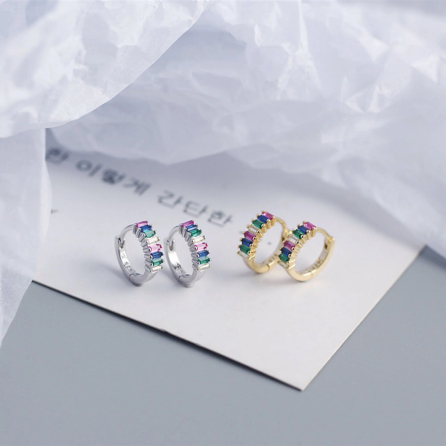 925 Sterling Silver Earring Fashion Rectangle Color Zircon Round Ear Ring Ear Bone Wild Trend Sweet Simple Women Girl Ear Jewelr