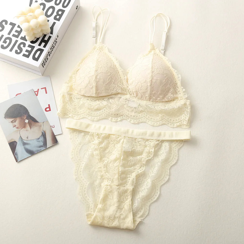 Women Lace Bra And Panties Sets 3/4 Cup Underwear Ultrathin Bralette Female