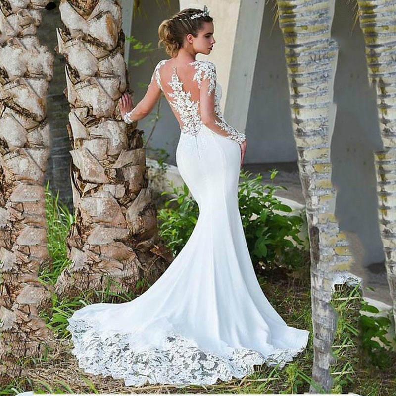 Wedding Dress Scoop-Neck Full Sleeves Bride Dress Zipper Back Top