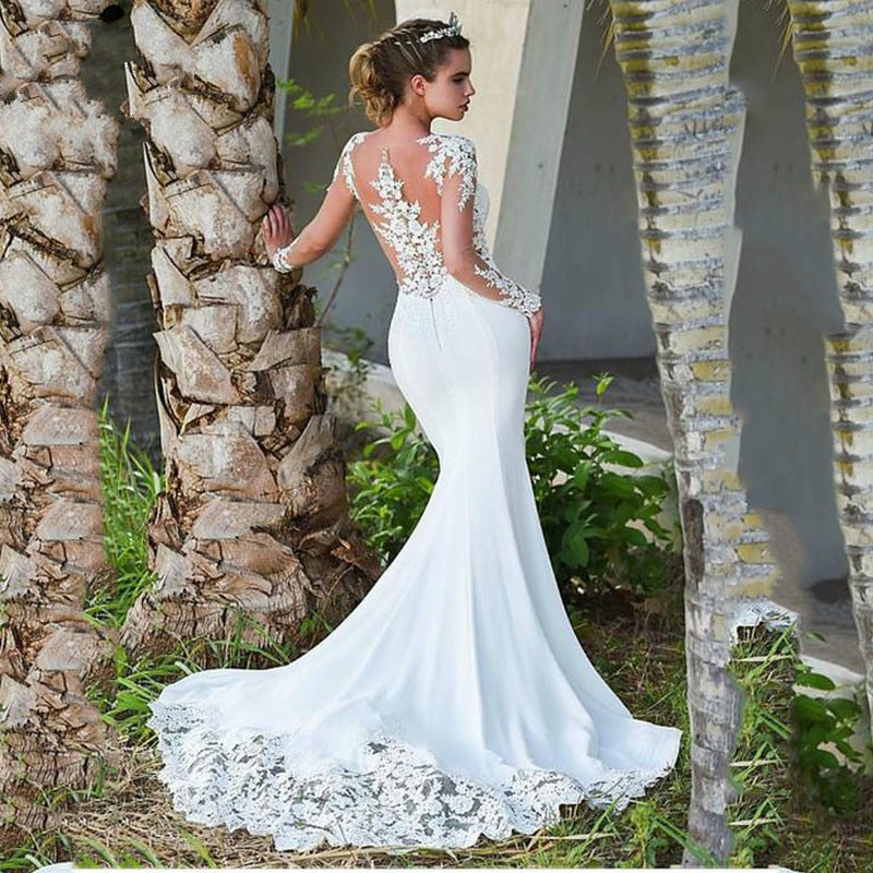 White Bridesmaid Dresses: Wedding Dress Scoop-Neck Full Sleeves Bride Dress Zipper
