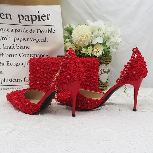 Red Pearl Flower Wedding Shoes With Matching Bags High Heels Pointed Toe Ankle Strap Ladies Party shoe and bag set