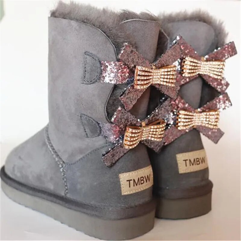 Women Shoes Fashion Two Bows Real Sheepskin Women's Winter Woman Snow Boots