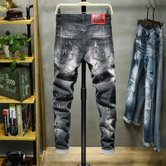 Ripped Hole Jeans Men's Paint Dots Ink Splattered Soft Cotton High Elastic