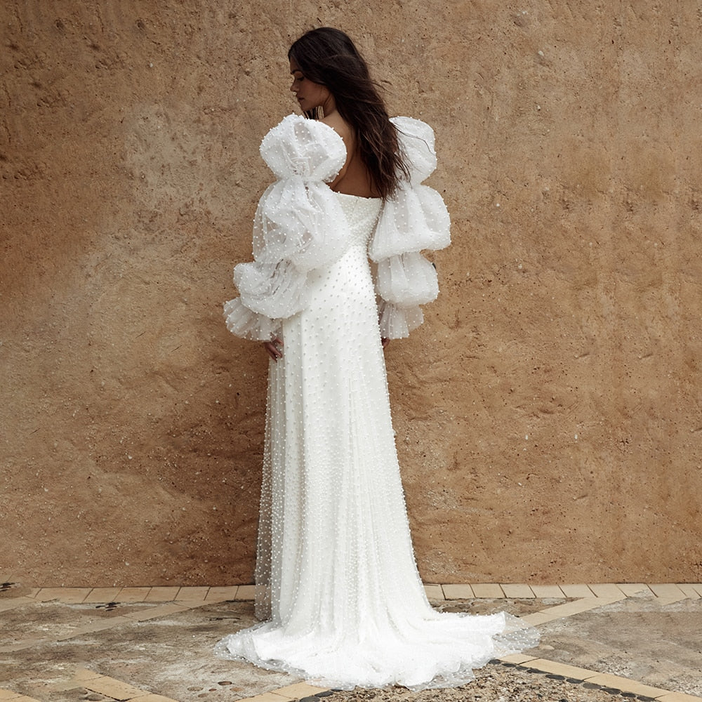 White Bridesmaid Dresses: Long Puff Sleeves Wedding Dress Backless Sweep Train A Line