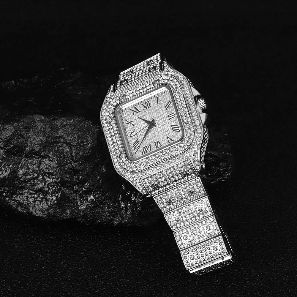 Luxury Moissanite Iced Out Watches Hip Hop Bust Down Unisex Diamond Watch, Stainless Steel Moissanite Studded Wrist Watch