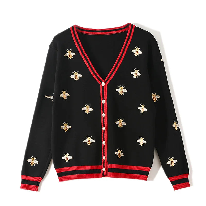 Fashion Designer Bee Embroidery Cardigan Long Sleeve Single Breasted