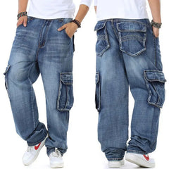 Jeans Men Denim Pants Straight Pocket Baggy Casual Streetwear Hip Hop