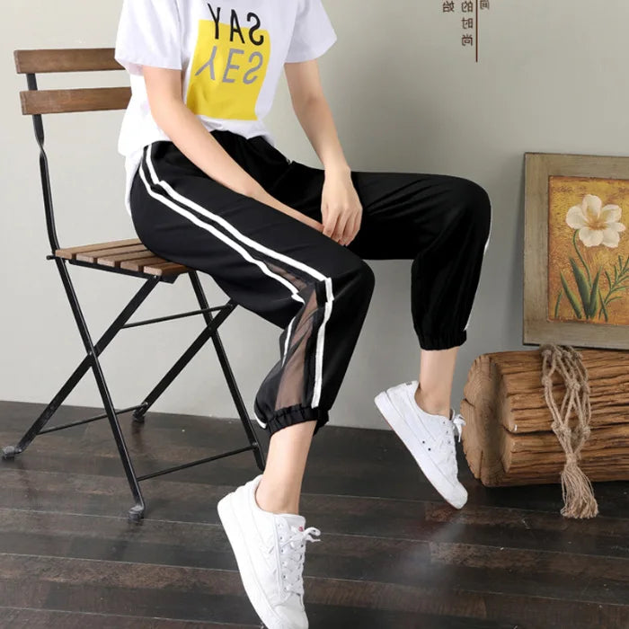Black Joggers Side Striped Women's Harem Pants High Waist Lace cutout