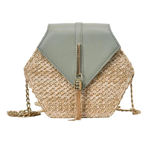 Straw+leather Handbag Women Summer Rattan Bag Handmade