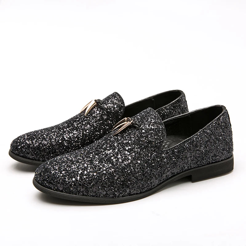 37~48 Plus Size White Italian Glitter Loafers Mens Sequin Shoes Men Pointed Toe Dress Weddings Shoes Classic Loafer Formal Shoe