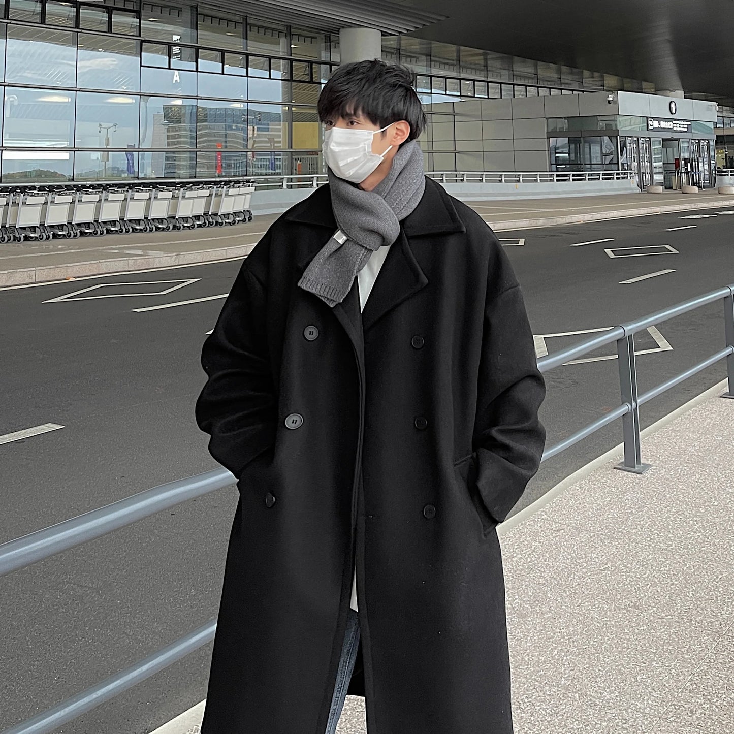 Long Dust Coat Men Winter Korean-style Trench Mens Solid Double Breasted Woolen