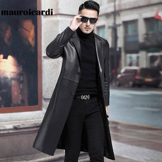 Long Black Mens Leather Blazer Jacket Long Sleeve Lapel Plus Size Faux Leather Coat