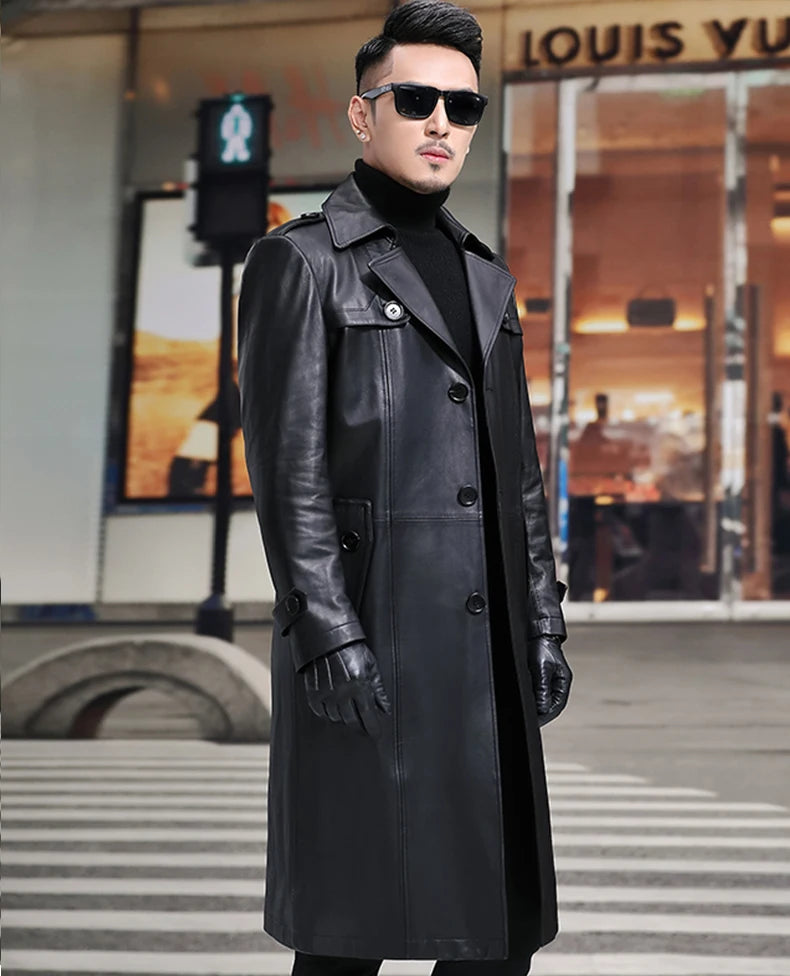 Long Smart Black Waterproof Leather Trench Coat Men Lapel belt Autumn Soft