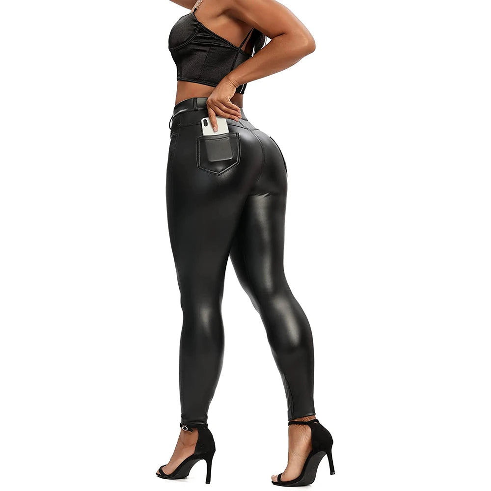 High Waist Leather Leggings for Women Black Butt Lift Femme Fitness PU Legging