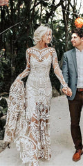 Long Sleeve V Neck Open Back Sweep Train Lace Wedding Dress Bride Gown