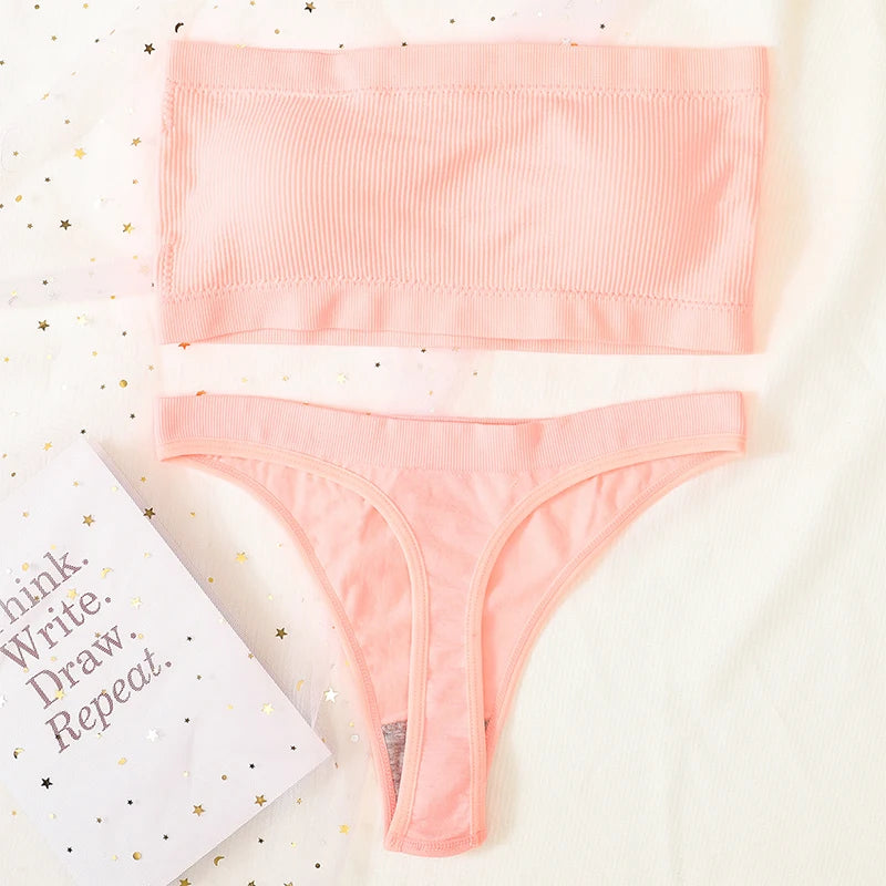 Women Bra Set Strapless Seamless Underwear Push Up Bra High Waist Thong