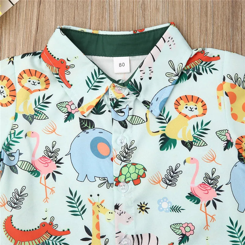 1-5years Kids Boys Clothing Set Fashion Zoo Monkey Tiger Animal Shirt For Boys Tops Green Shorts Set Boys Outfits