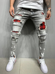 Men's Skinny Ripped Jeans Fashion Grid Beggar Patches Slim Fit Stretch Casual