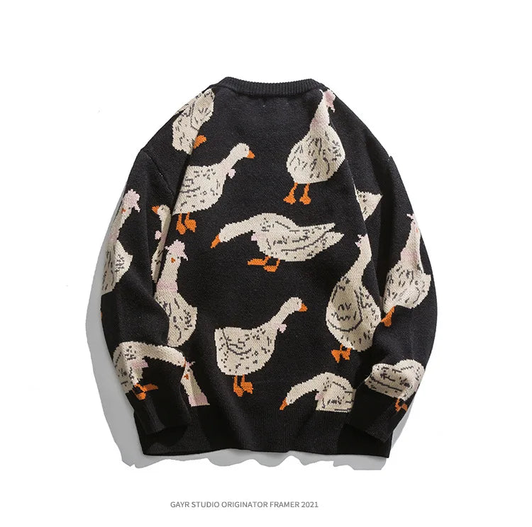 Japanese Knitted Sweater Men Cartoon Animal Duck Goose Print Pullover