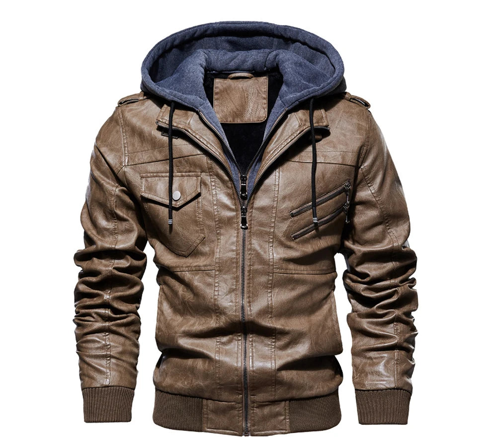Winter Men's PU Leather Jacket Casual Man Motorcycle Leather Hooded Coats