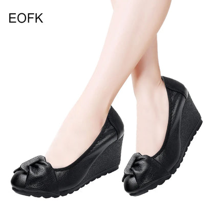 EOFK Wedges Platform Elegant Boat Shoes Slip-on Pumps Genuine Leather Woman Women's High Heels Shallow Lady