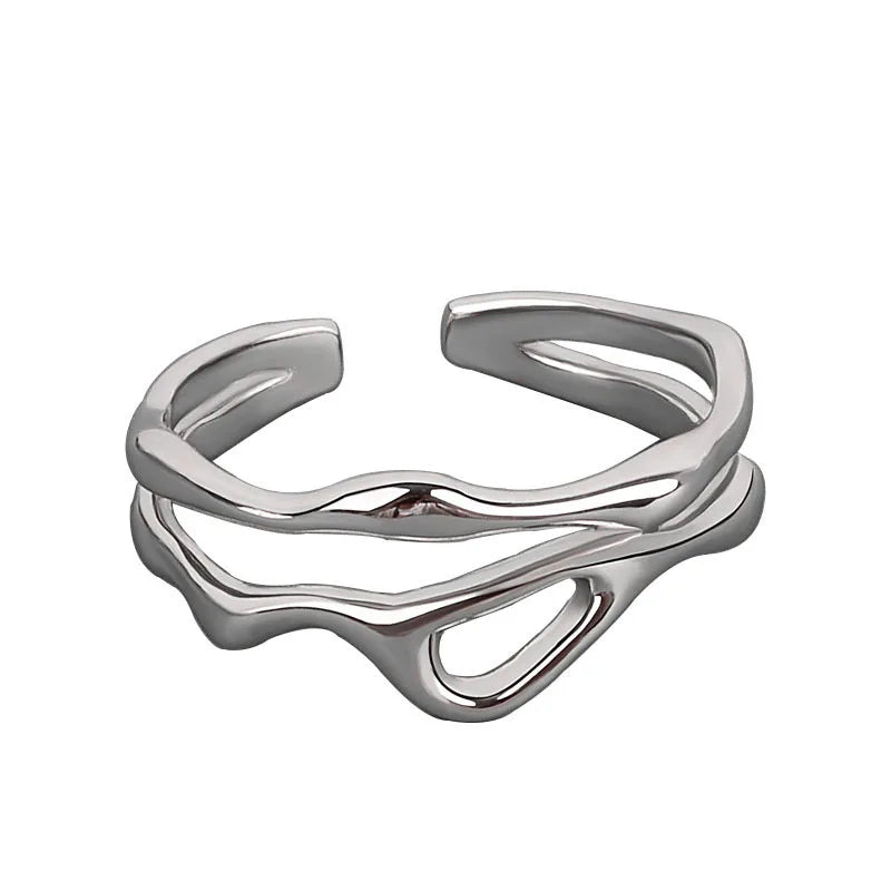 Silver Color Irregular Hollow Double Line Geometric Ring Female Simple  Unique Design