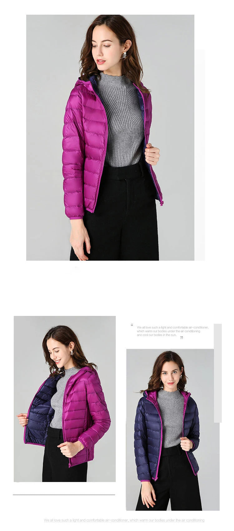 Women Ultra Light 90% Duck Down Jacket Hooded Jackets Long Sleeve Double