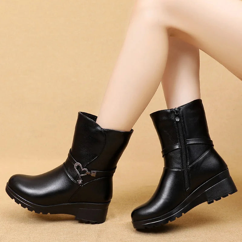 Winter Women Mid Calf Boots Casual Round Toe Zipper Plush Warm Female Shoes
