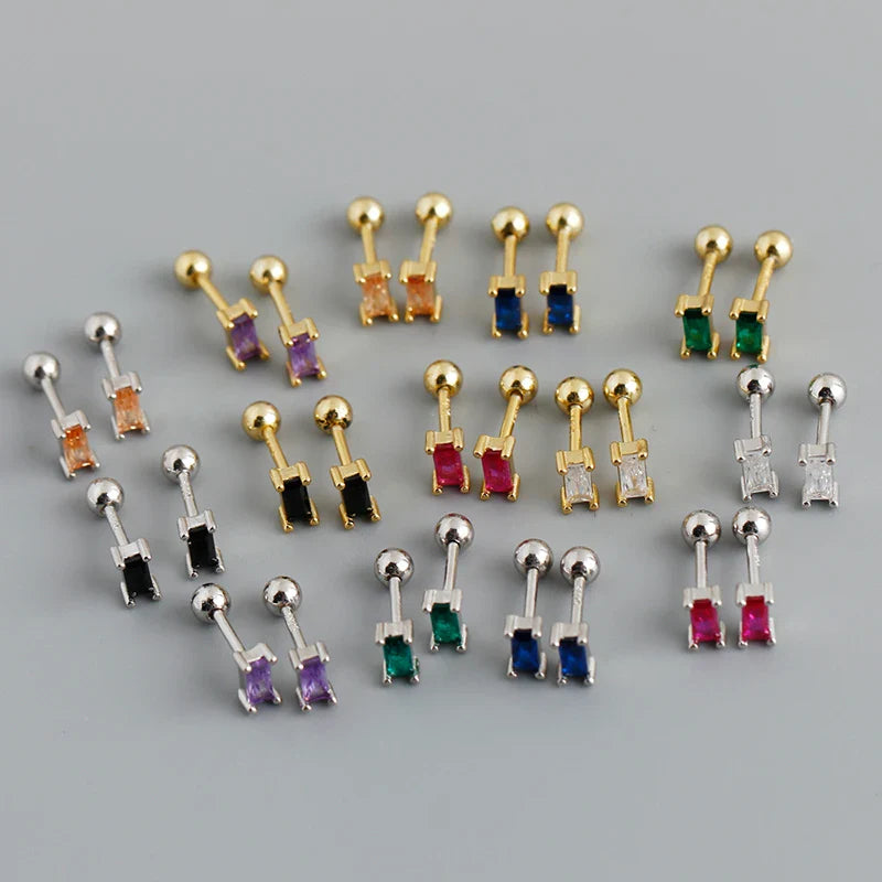 WANTME 925 Sterling Silver Colorful Square Shiny Zircon Beads Piercing Stud Earrings for Women Fashion Gothic Exquisite Jewelry
