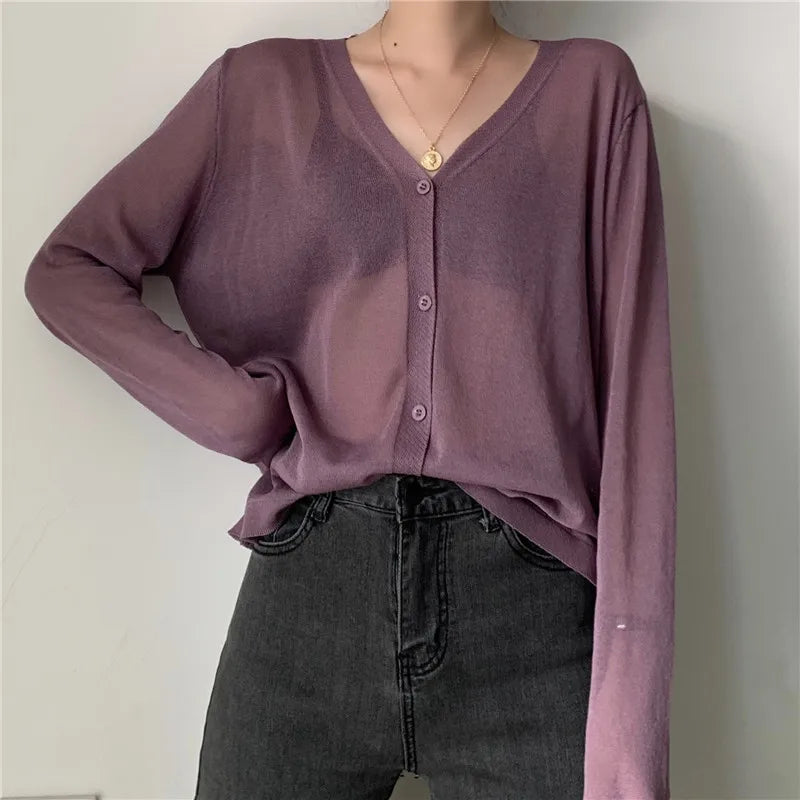 Cardigan Shirt Women Tops Korean Long Sleeve Cardigan Summer Tops V Neck