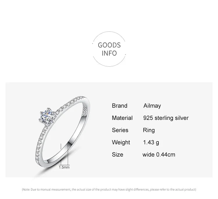 Ailmay Real 925 Sterling Silver Simple Sparkling Round Clear Zircon Ring For Women Classic Luxury Wedding Accessories Jewelry
