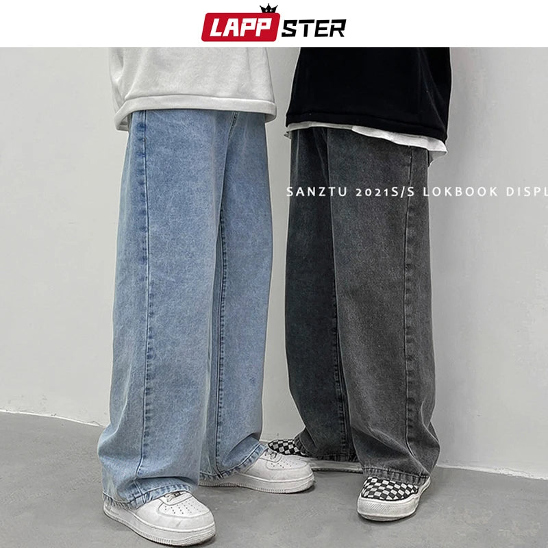 LAPPSTER Men Korean Streetwear Wide Legs Baggy Jeans