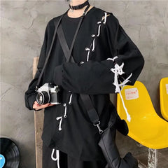 Japanese Fashion Men`s Street Style Lace Hoodie Punk Loose Fit Pullover Designer