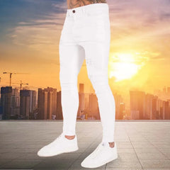 Mens Jeans Hip Hop White Moto Skinny Ripped Pure Color Elastic Denim Pants