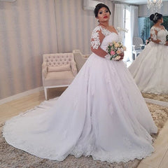 Lace Wedding Dress Plus Size Illusion Long Sleeve Pearls Beading