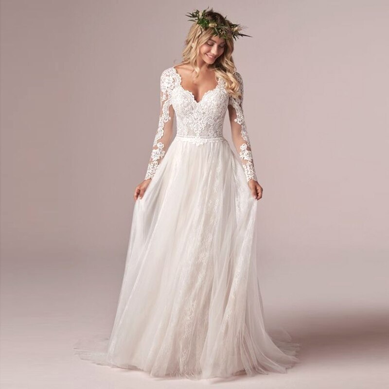 White Bridesmaid Dresses: A Line Long Sleeve Bridal Dresses Wedding Dress