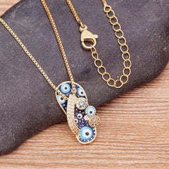 Pave CZ Rhinestone Enamel Slipper Pendant For Women Blue Evil Eye Necklace