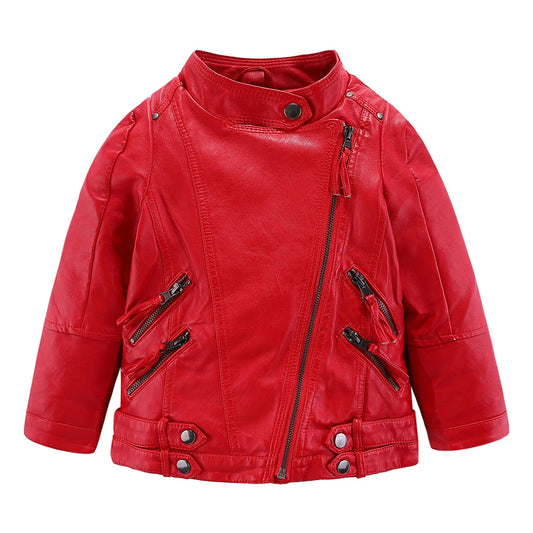 Mudkingdom Kids PU Leather Jacket Loose Diagonal Zipper Turn-Down Collar Tops Boys Girls Fashion High Quality Spring Clothes