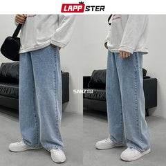 LAPPSTER Men Korean Streetwear Wide Legs Baggy Jeans