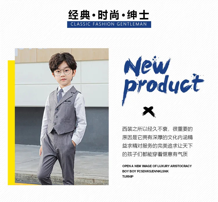 Boy Top Ring Bearer Waistcoat Clothes Set Kids Formal Suits Child Tie Long Sleeve Shirt Vest Trousers Toddler Gentleman Outfits