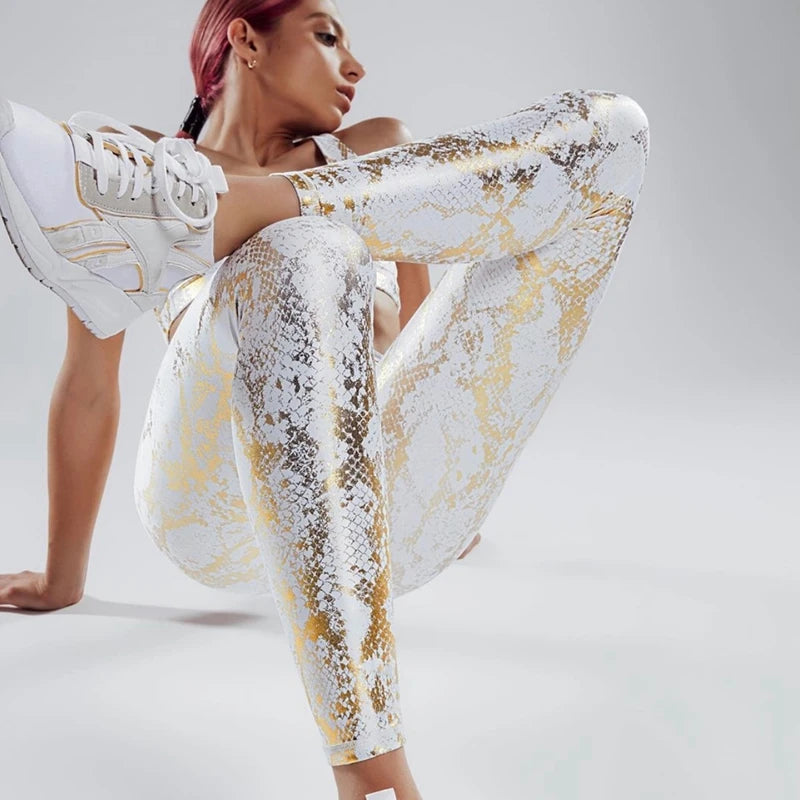 Women's Retro Metallic Snake Gym Leggings Blue Silver Shiny Legging Fitness Bottom