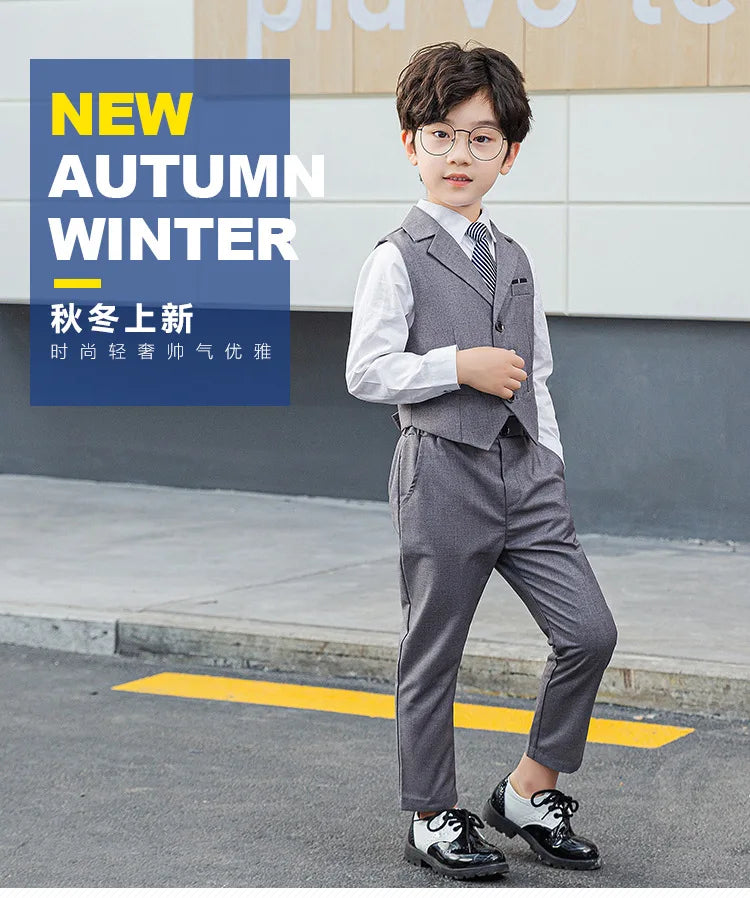 Boy Top Ring Bearer Waistcoat Clothes Set Kids Formal Suits Child Tie Long Sleeve Shirt Vest Trousers Toddler Gentleman Outfits