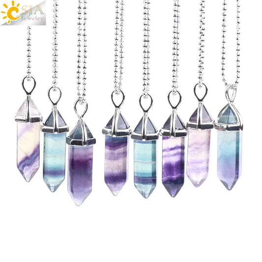 CSJA Fluorite Crystals Necklaces Pendants Suspension Quartz Natural Gem Stone Necklace for Women Hexagonal Reiki Healing G954