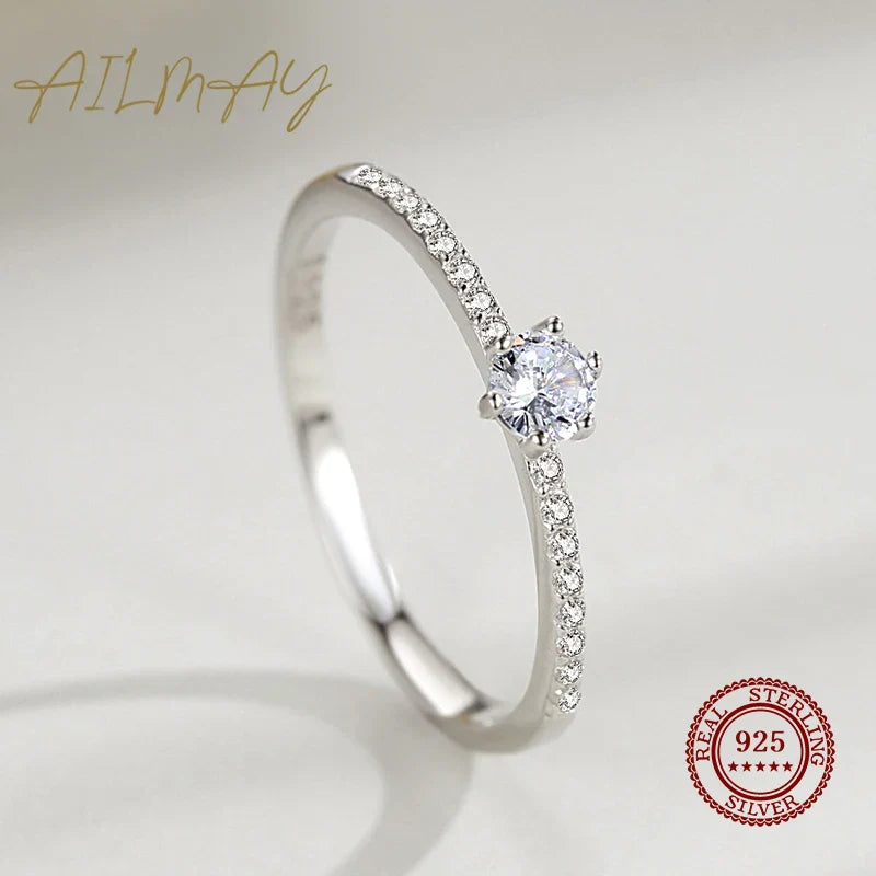 Ailmay Real 925 Sterling Silver Simple Sparkling Round Clear Zircon Ring For Women Classic Luxury Wedding Accessories Jewelry