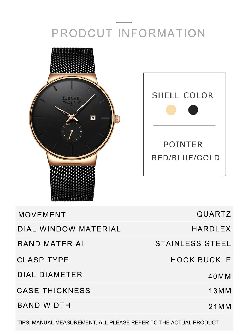 LIGE Ultra Thin Fashion Casual Ladies Watches Elegant Luxury Waterproof Business Quartz Watch for Women Gift Auto Calendar Clock