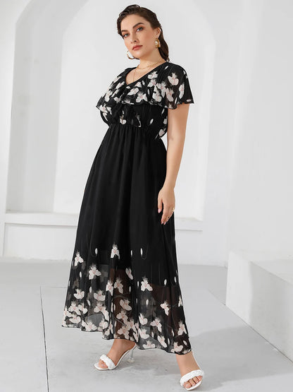 Plus Size Casual Women's Dresses 2023 Summer Ruffles V Neck Short Sleeve Floral Maxi Long Dress Black Chiffon Boho Beach Dresses