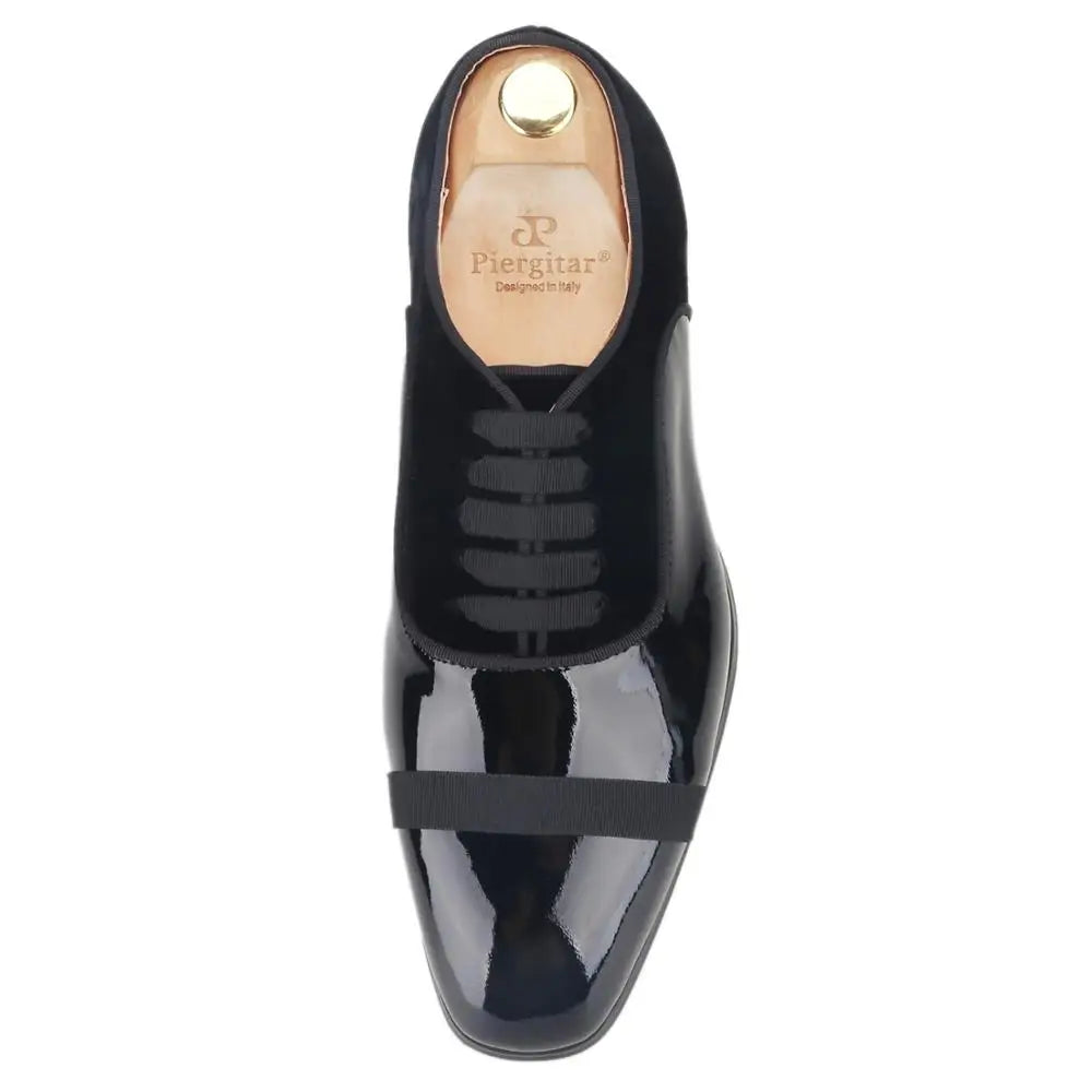 Piergitar Patent Leather Stitching Velvet Men Derby Shoes