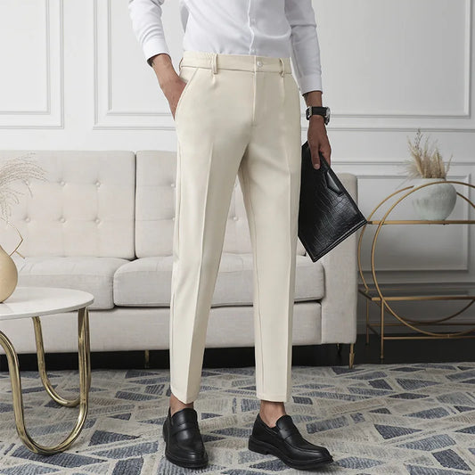 Men Non-iron fabric Dress Pants Slim Straight Black Apricot Dark Gray