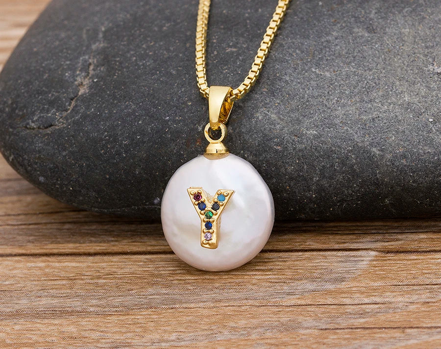 Fashion Initial Alphabet A-Z Letters Natural Freshwater Pearl Pendant Necklace